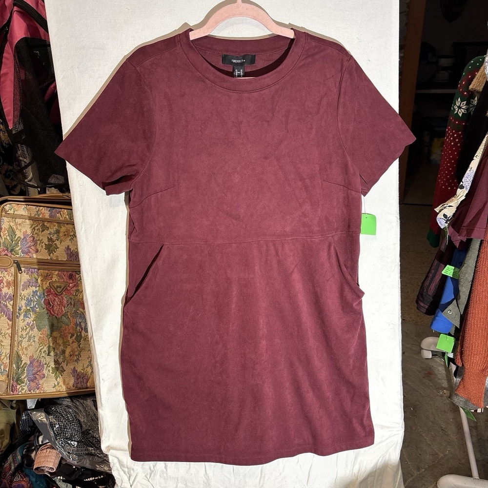 Forever 21 Burgundy Dress Mini Drop Waist Pocketed Soft Fabric Size OX